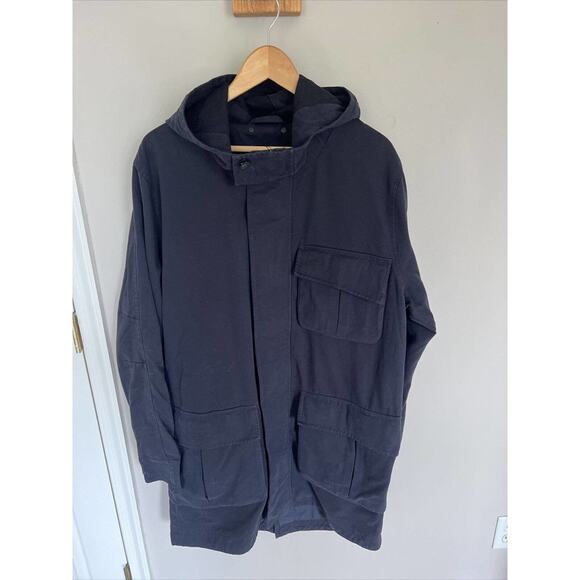 Mens Black Hooded Utility Parka Jacket Long Sleeve Full Zip Pockets - Picture 7 of 11